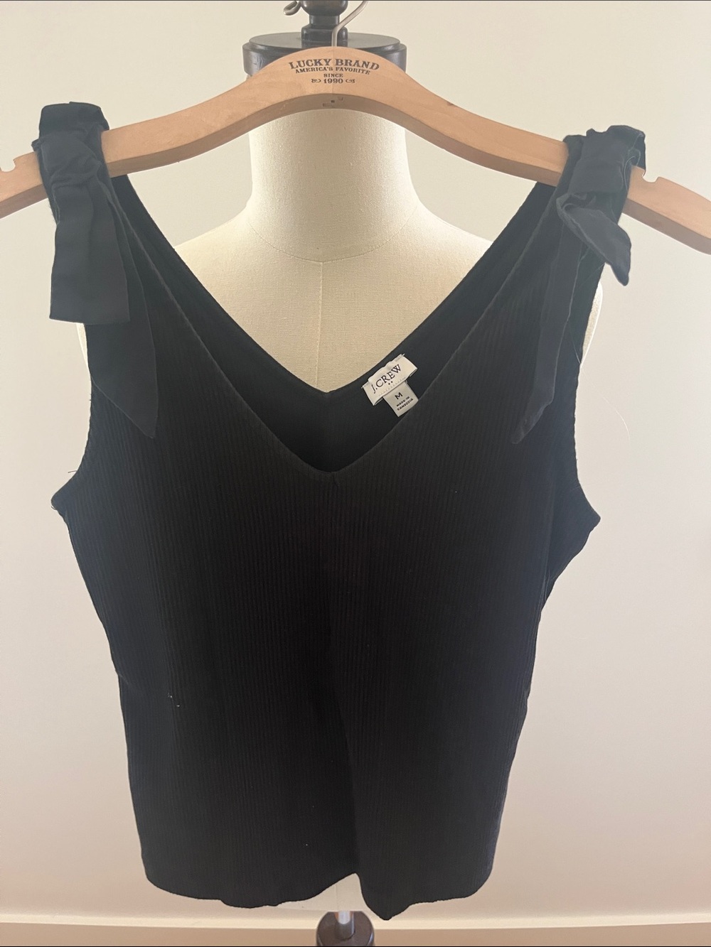 J. Crew Black Ribbed V-Neck Tank with Tie Shoulder Straps